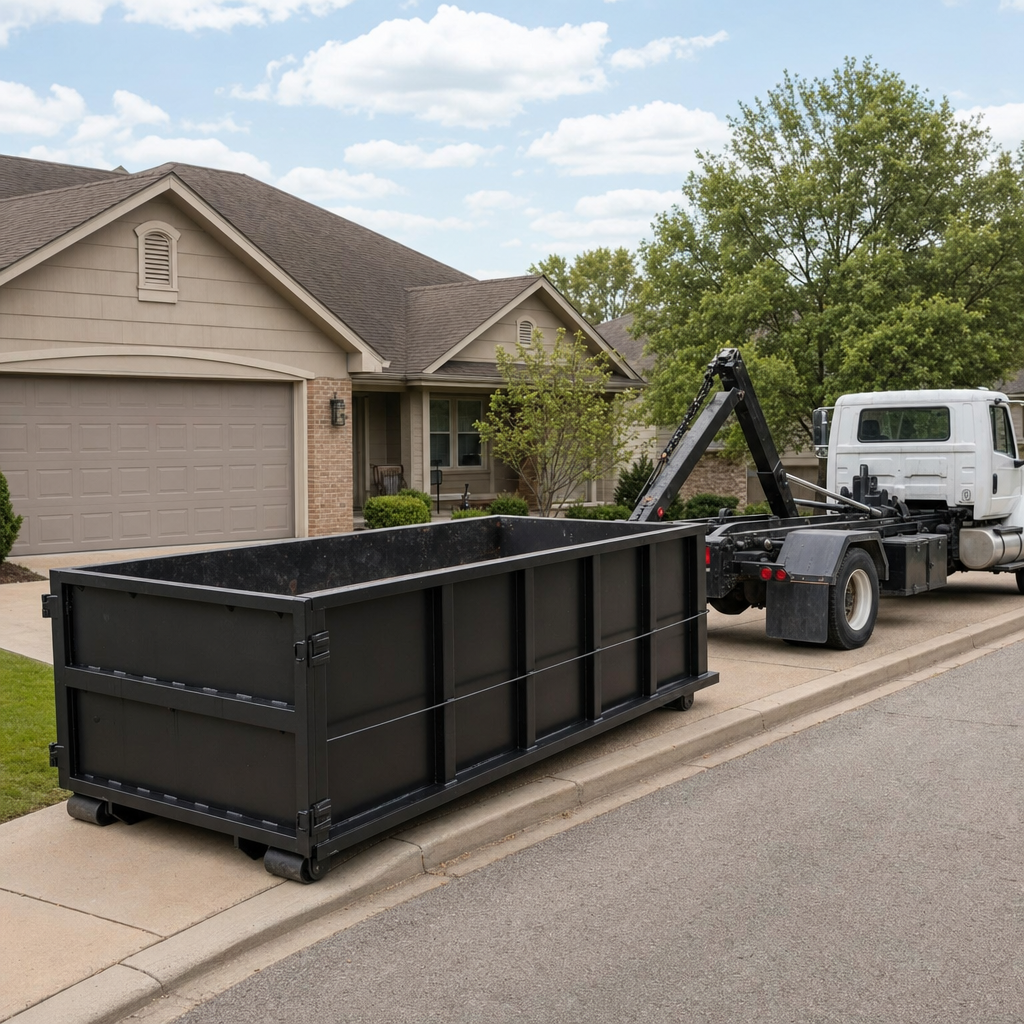 Wide documentary shot of a matte-black roll-off dumpster on a Gardena residential driveway in the foreground and a contractor jobsite container in the soft-focus background, bright daylight, calm and orderly composition.